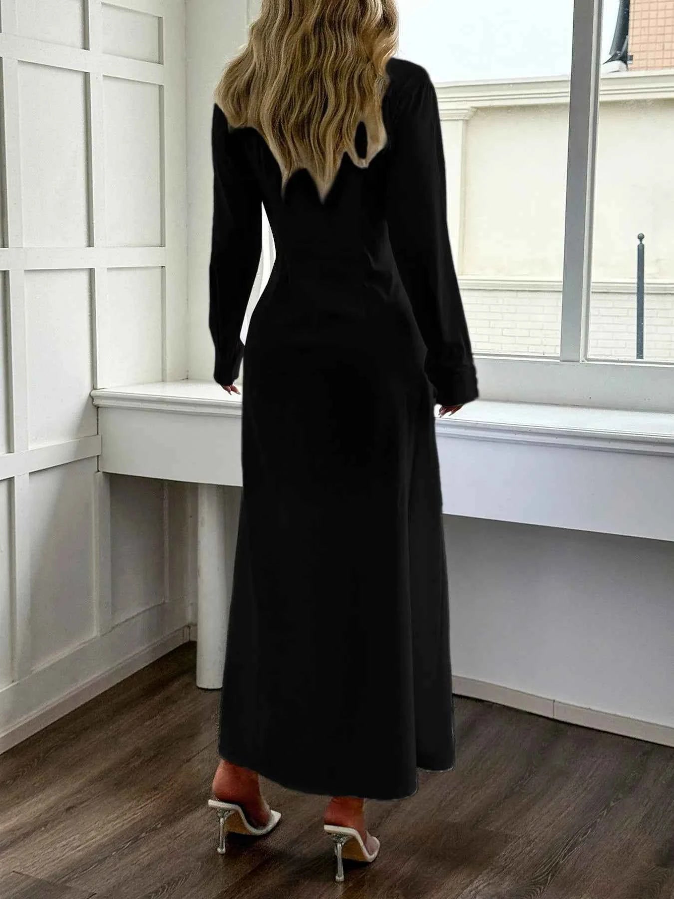 Slit Long Sleeve Maxi Shirt Dress.