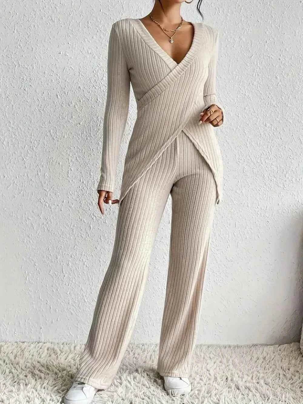 Surplice Long Sleeve Top and Pants Set - EBYNN
