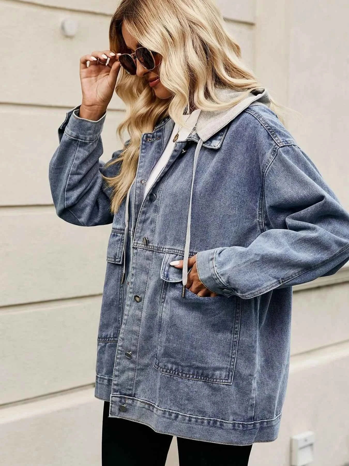 Oversized Button Up Denim Jacket with Hood.