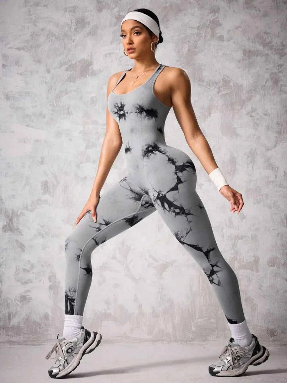 Back Crisscross Tie-Dye Scoop Neck Active Jumpsuit.