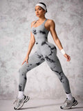 Back Crisscross Tie-Dye Scoop Neck Active Jumpsuit.