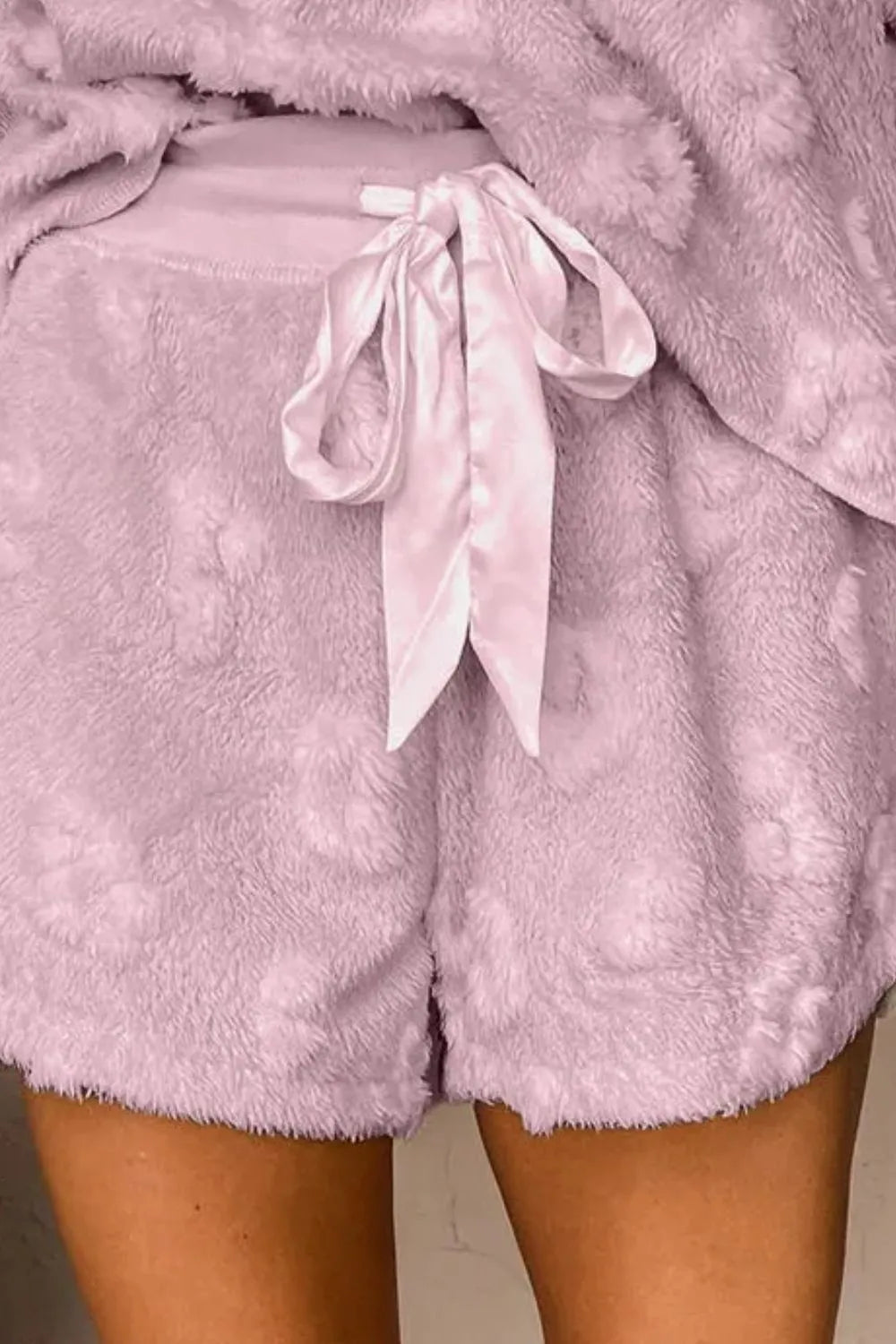 Round Neck Long Sleeve Top and Shorts Lounge Set.