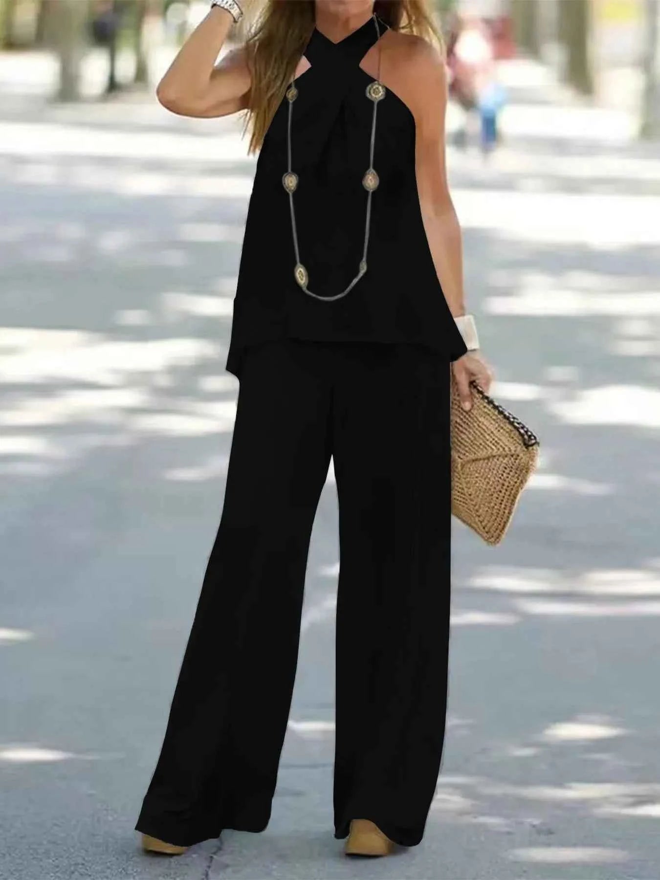 Halter Top and Wide Leg Pants Matching Set.