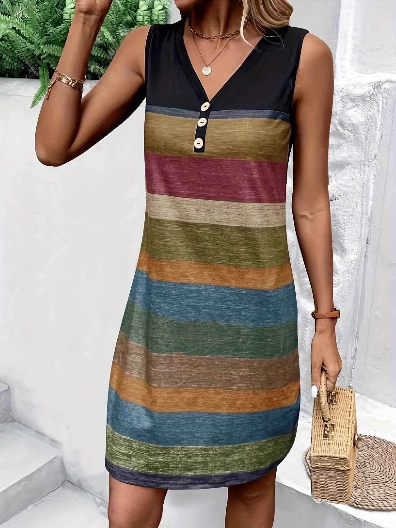 Color Block Sleeveless V-Neck Tank Dress.