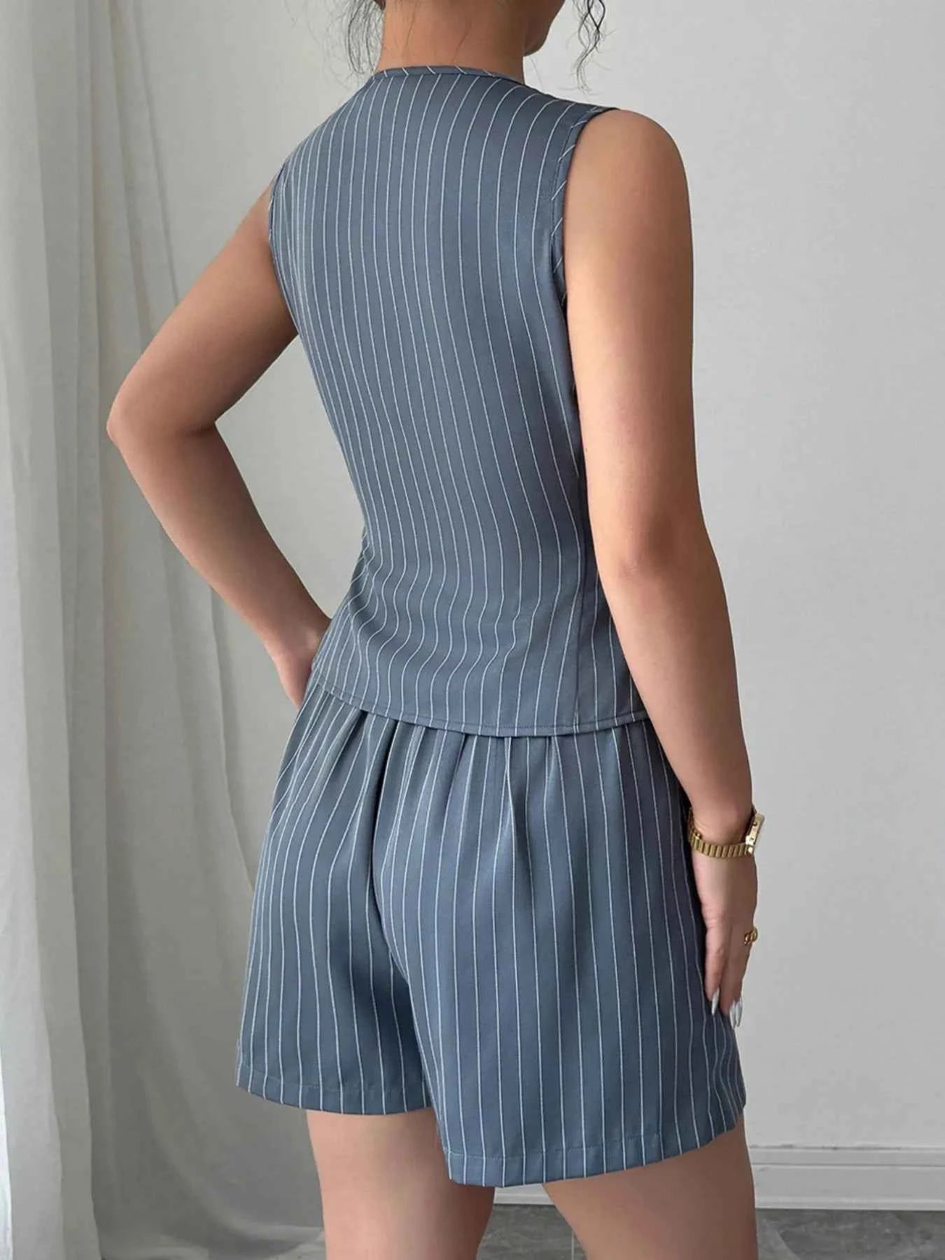 Striped Button-Up Vest and Shorts Set.