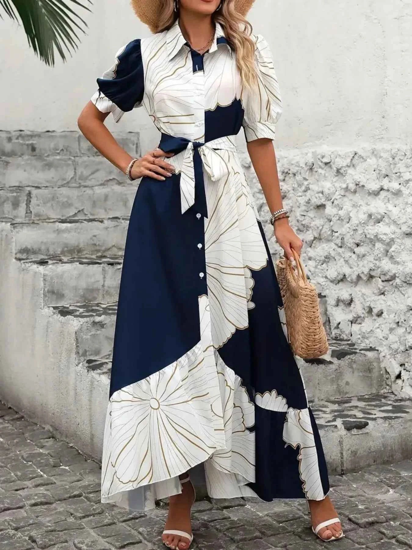 Printed Button Down Half Sleeve Maxi Shirt Dress.