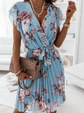 Floral Surplice Ruffled Cap Sleeve Dress.