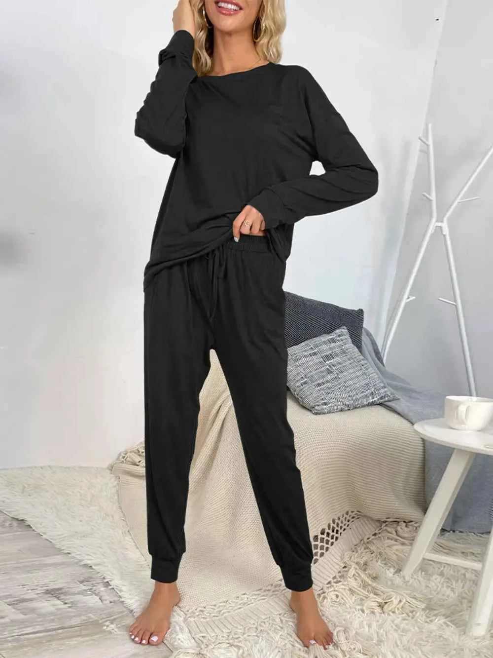 Shiny Round Neck Top & Drawstring Pants Lounge Set.