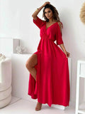 Tied Shoulder Slit Maxi Dress.