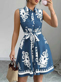 Printed Sleeveless Tie Waist Mini Dress.