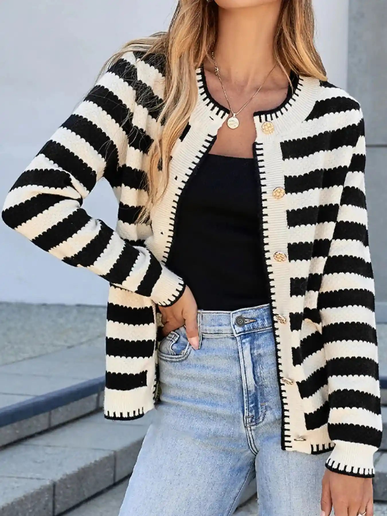 Button Down Striped Long Sleeve Cardigan.