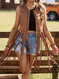 Fringe Cutout Detail Sleeveless Vest Coat.