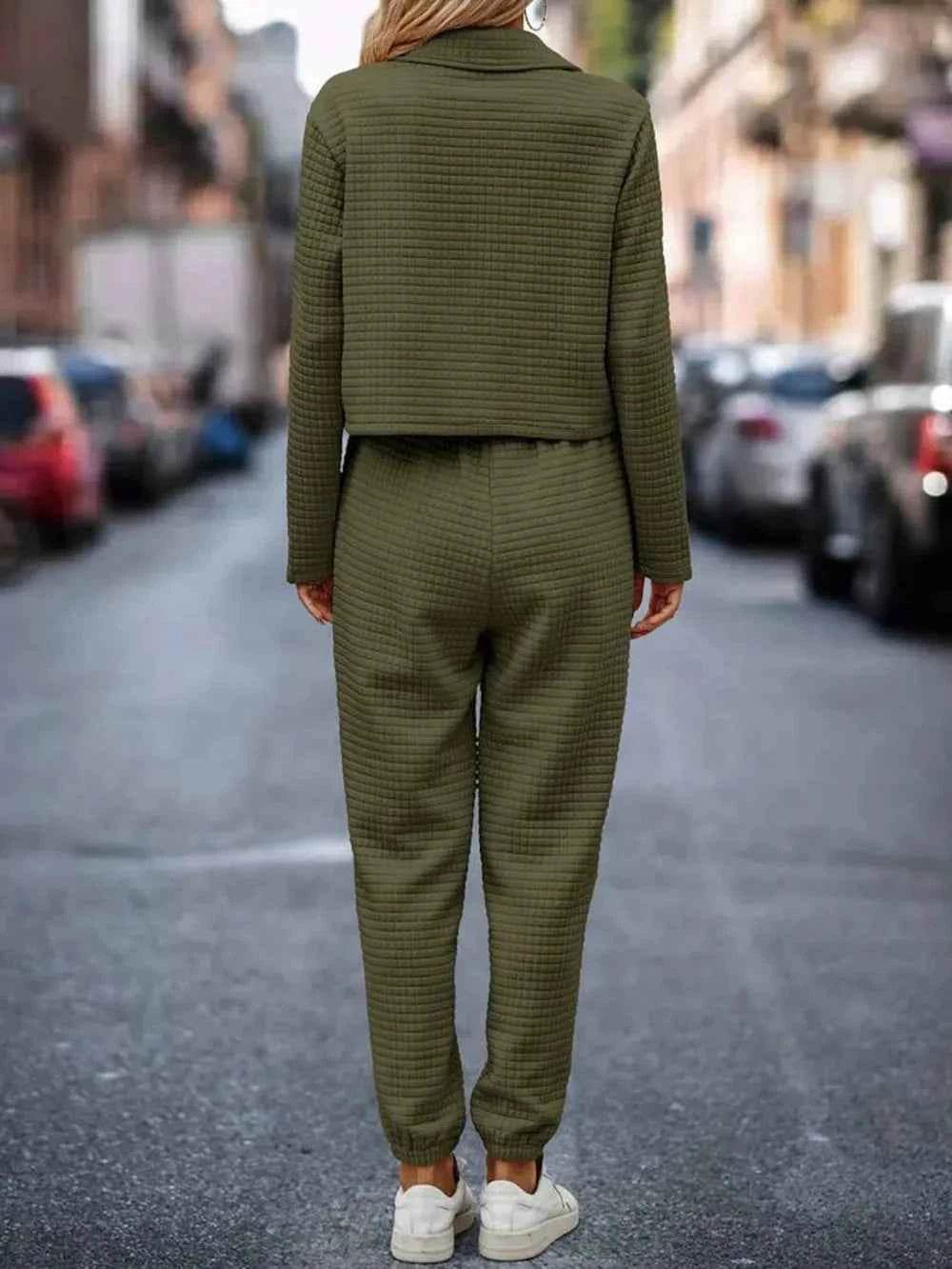 Plaid Texture Snap Down Top and Pants Set.