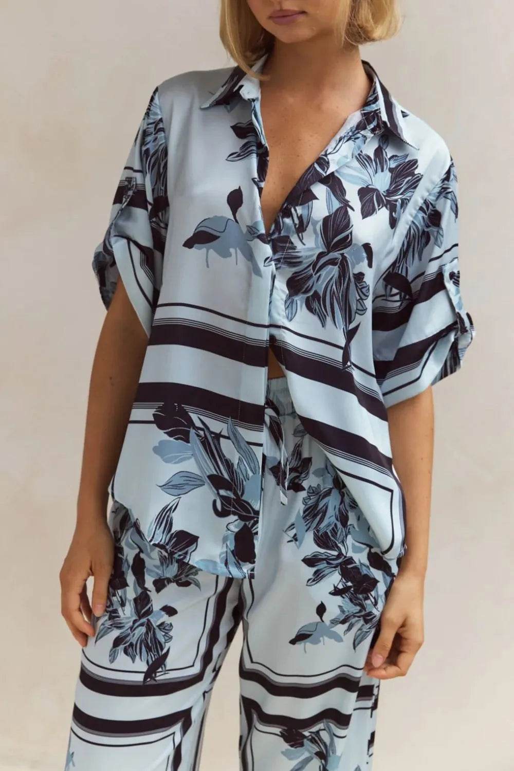 Printed Button Up Shirt and Pants Set - EBYNN