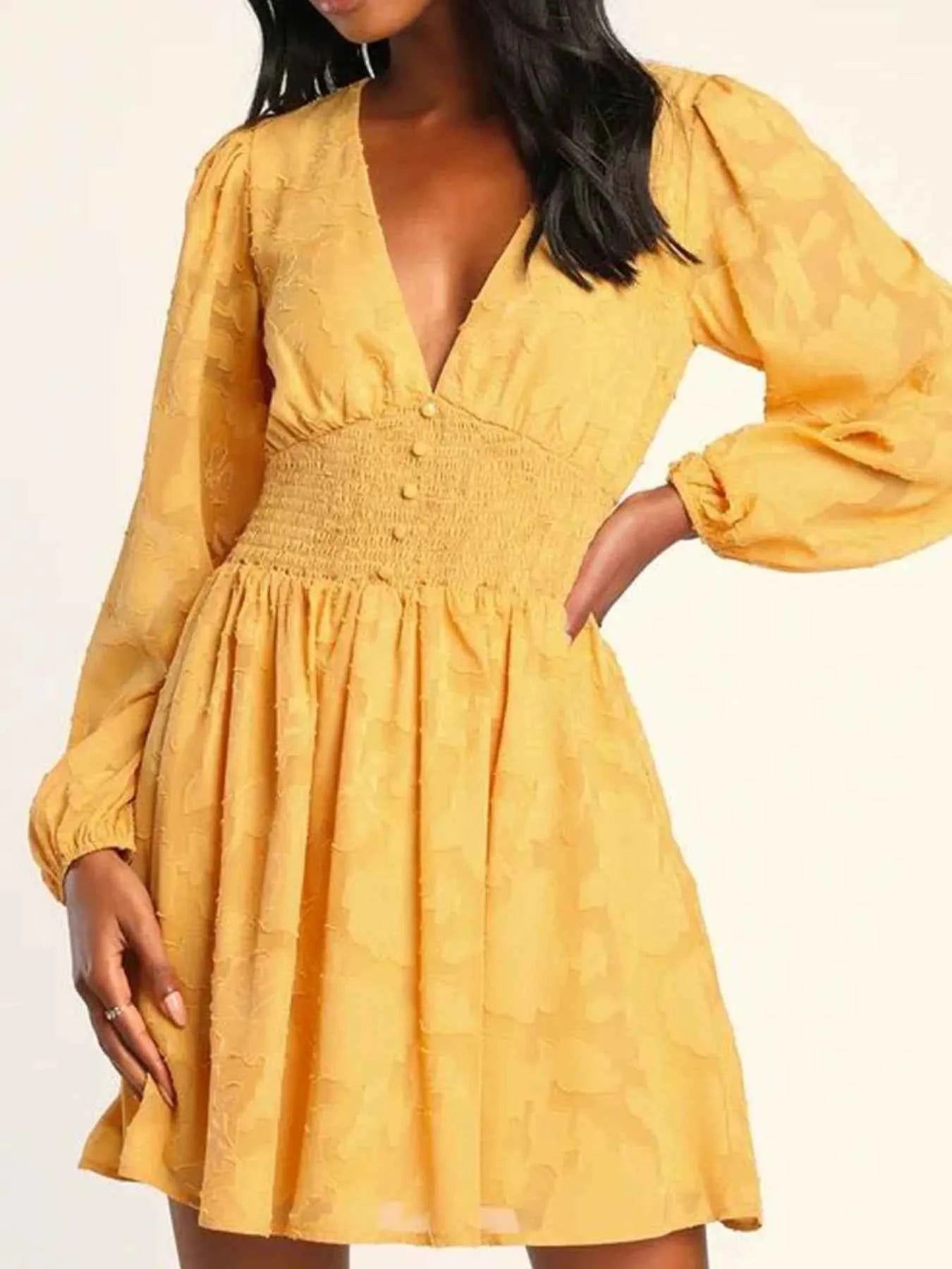 Smocked V-Neck Balloon Sleeve Dress.