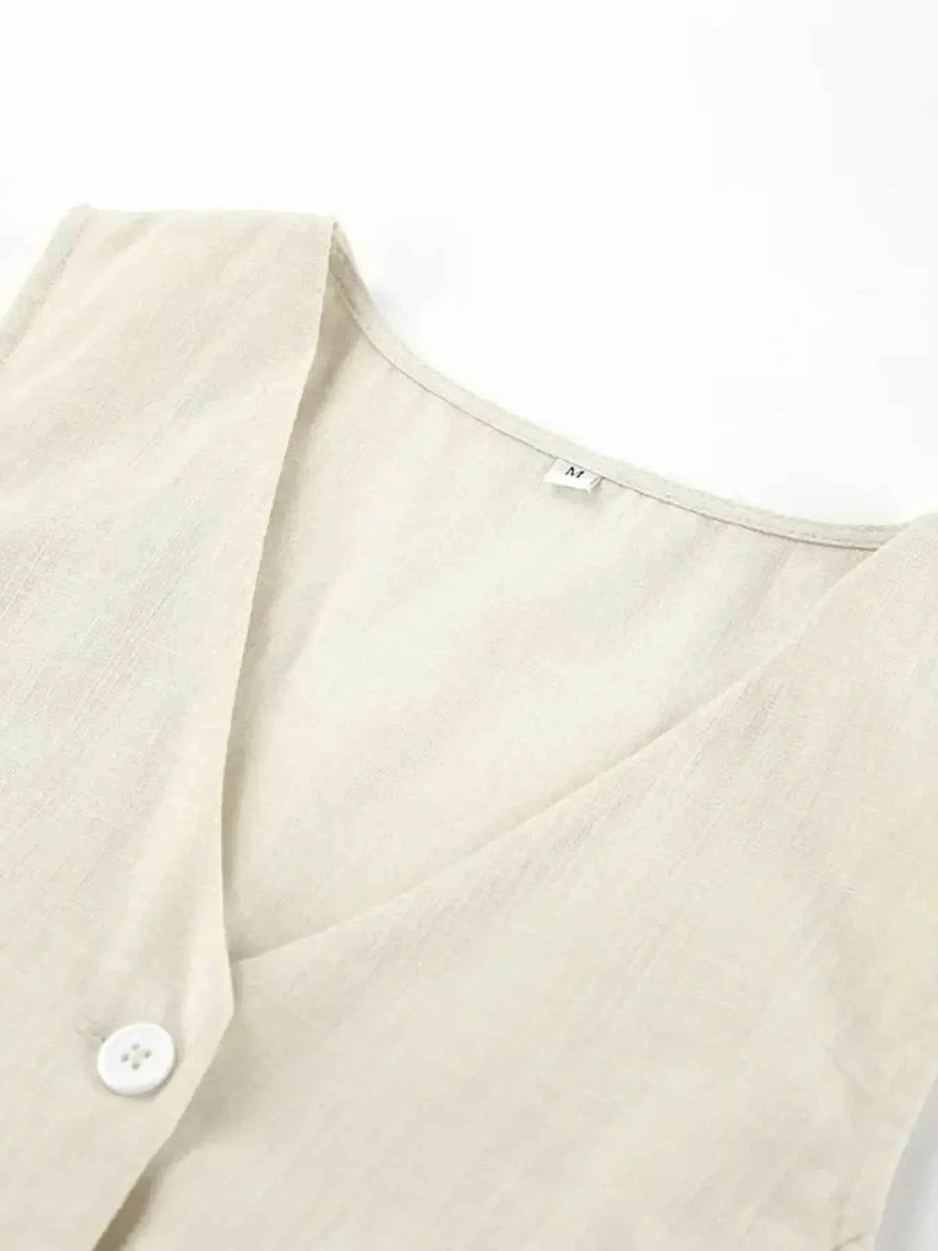 Button Up V-Neck Vest and Shorts Set - Contrast Trim Top and Pants Set - EBYNN