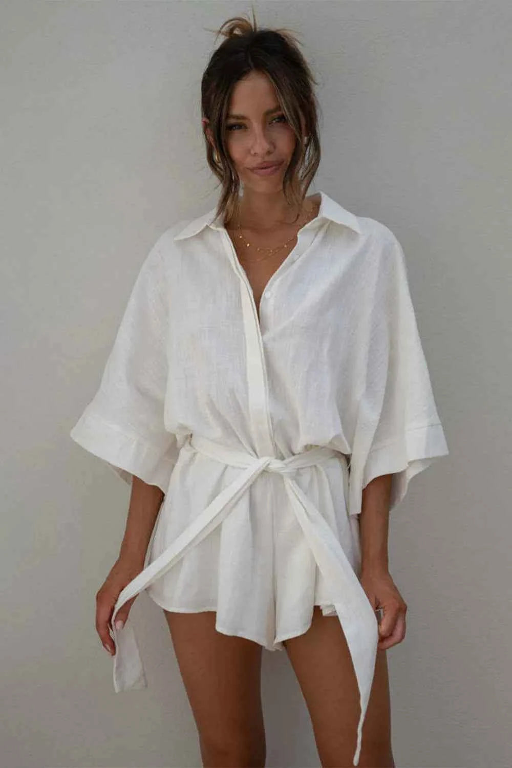 Tied Button Up Collared Neck Cotton Romper.