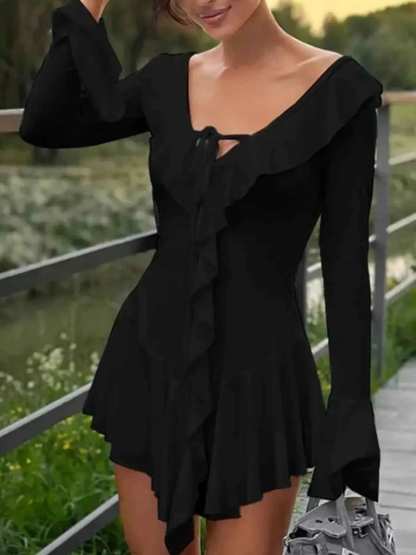 Ruffle V-Neck Flounce Sleeve Mini Dress.
