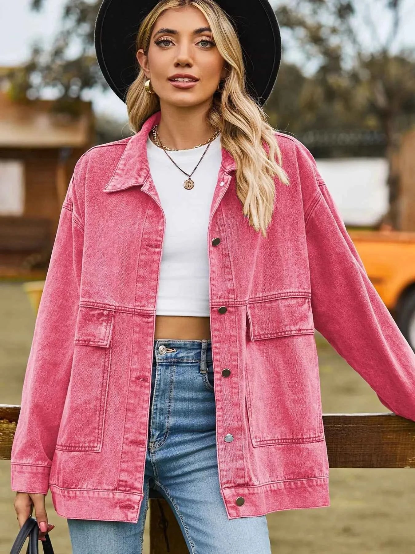 Oversized Button Up Denim Jacket with Hood.