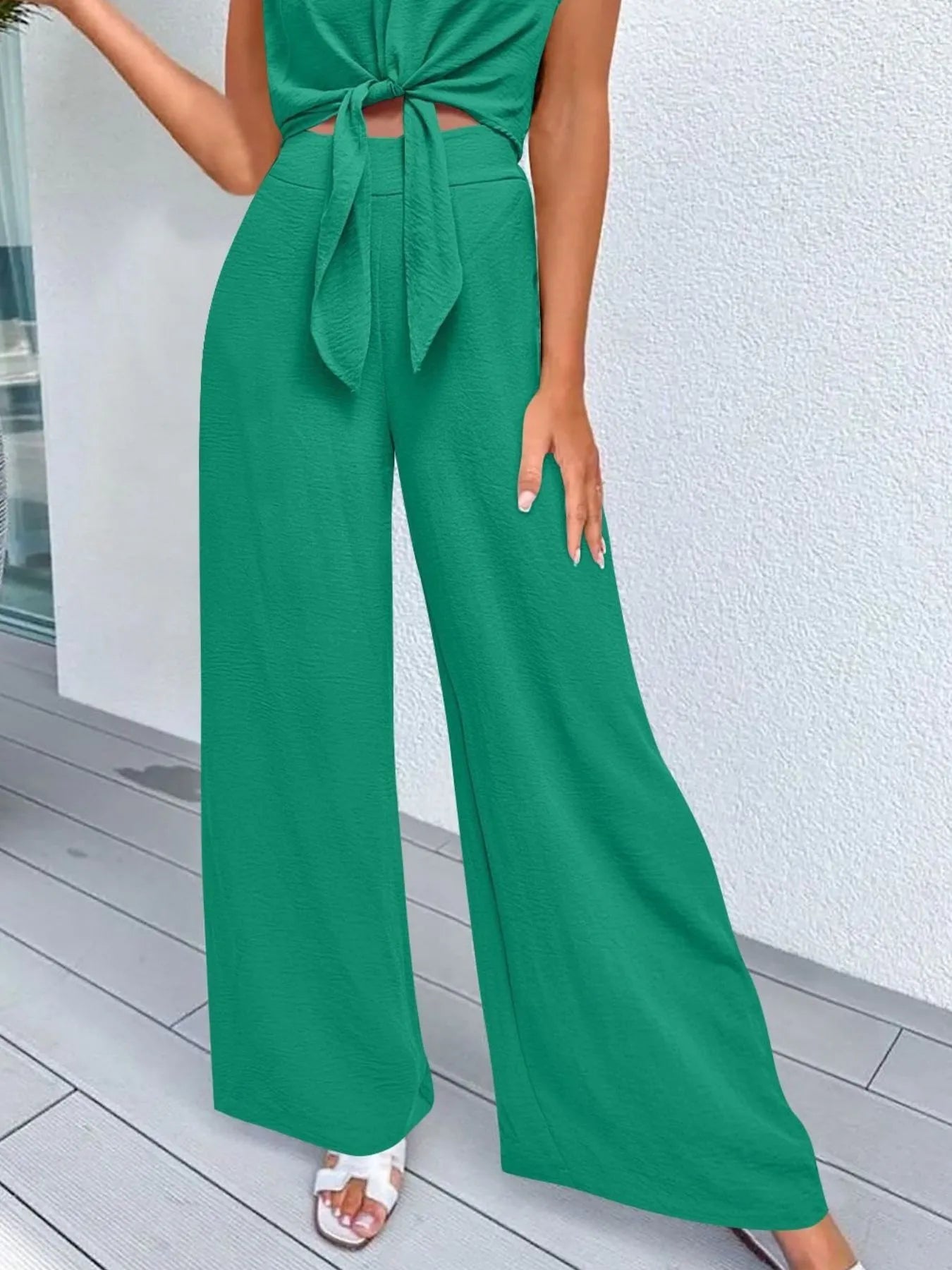 Tie Front Top & Wide Leg Pants Set.