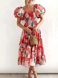 Floral Smocked Puff Sleeve Tiered Dress.