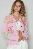 POL Printed Woven Mix Raw Hem Jacket with Lace Detail.