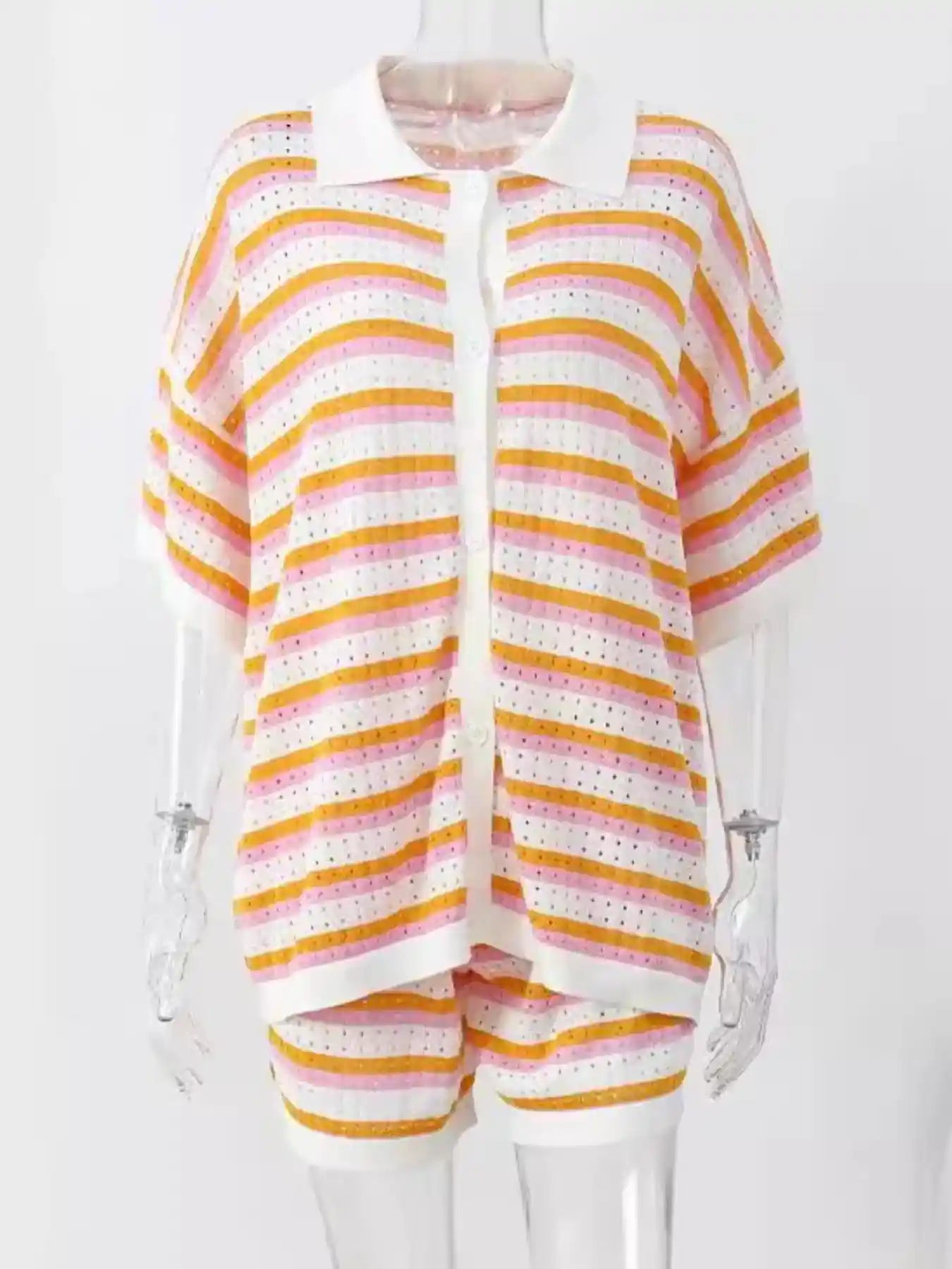 Striped Eyelet Button Up Shirt and Shorts Set.