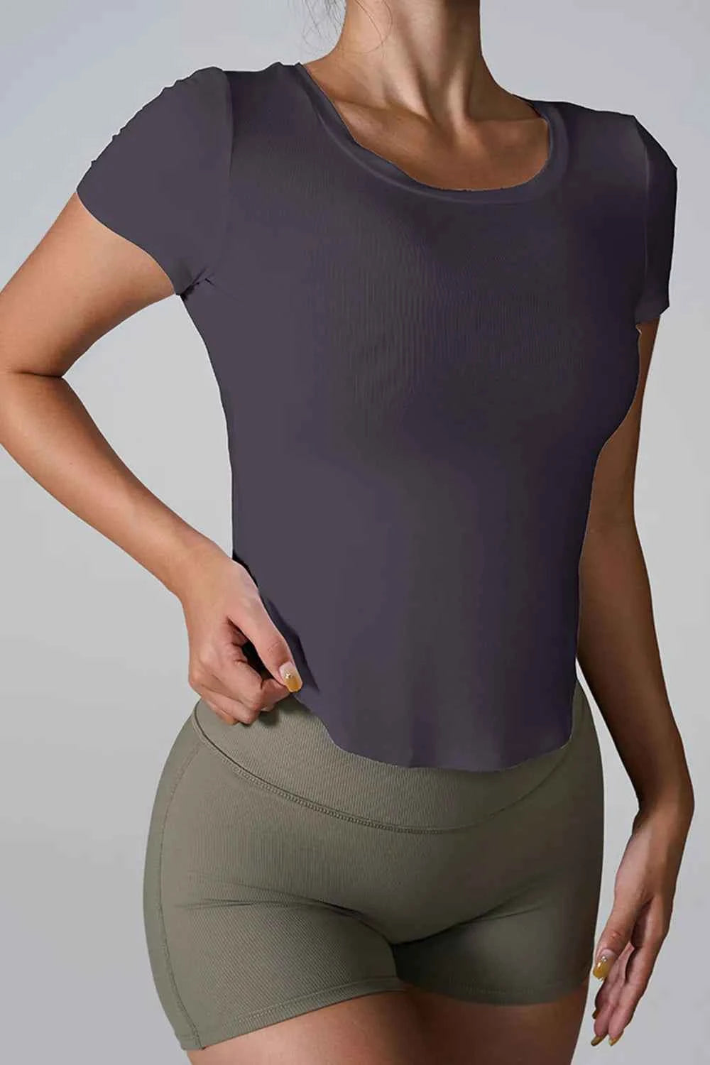 Cutout Round Neck Short Sleeve Active T-Shirt.