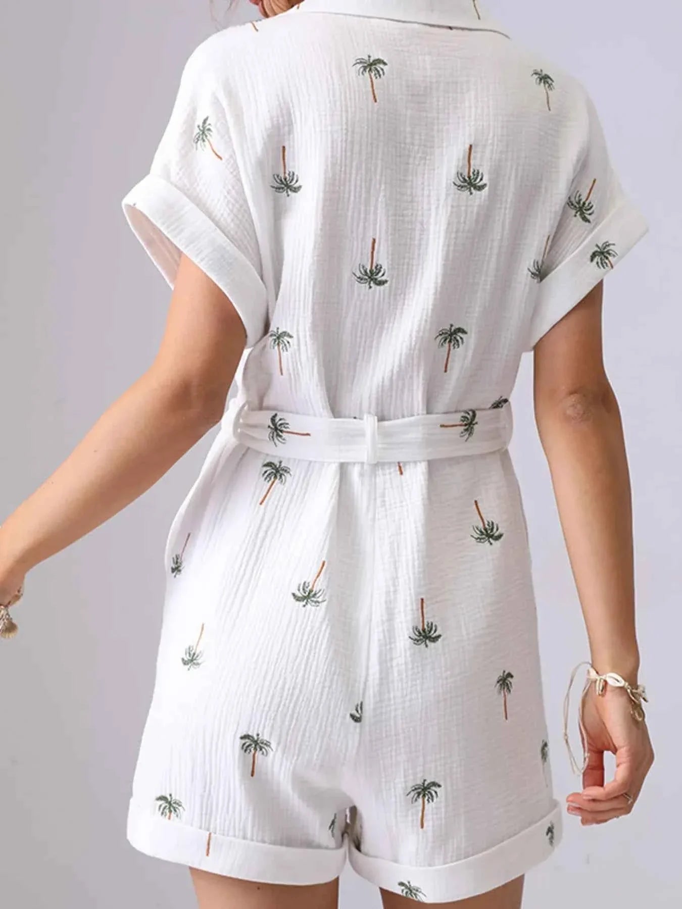 Palm Tree Print Short Sleeve Button-Up Romper with Belt.