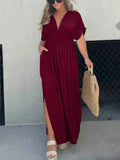 Plus Size Deep V-Neck Maxi Dress with Side Slit.