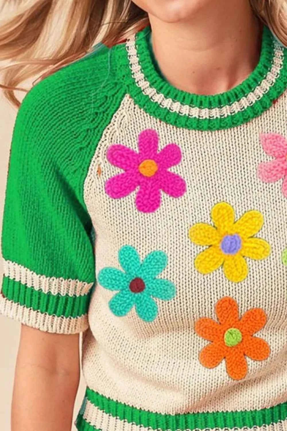 Crochet Flower Patches Striped Rib Band Sweater.