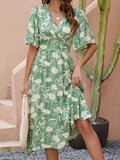 Printed V-Neck Flutter Sleeve Midi Dress.