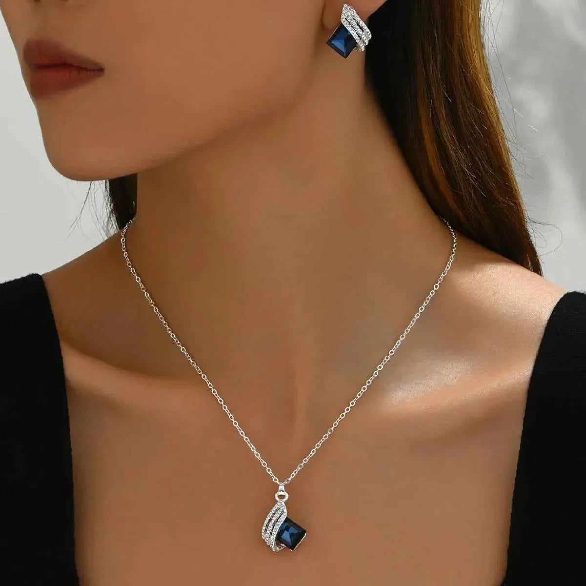 Stainless Steel Geometric Crystal Jewelry Set.