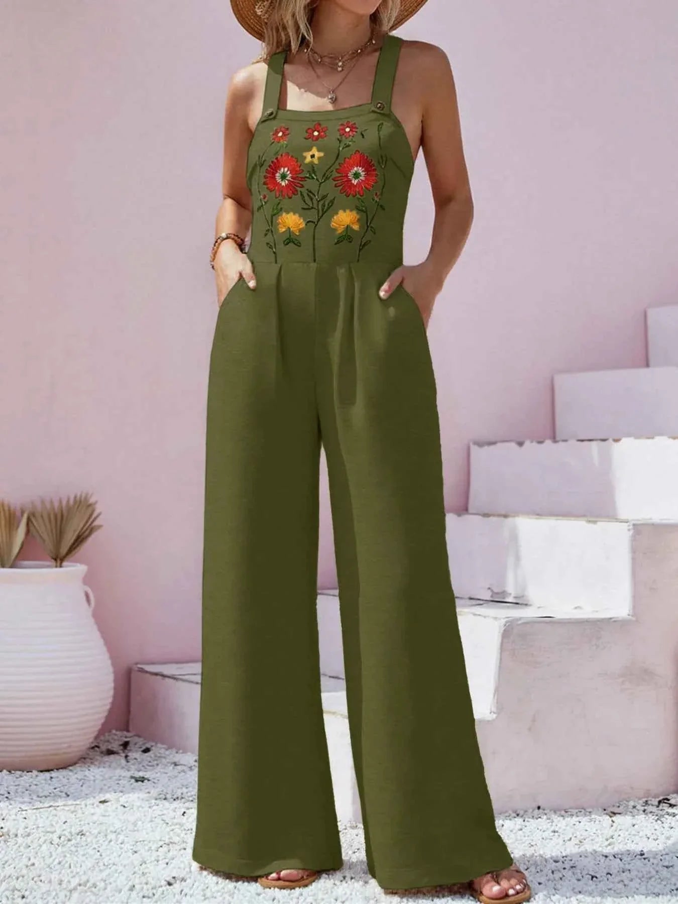 Floral Embroidered Wide Leg Jumpsuit.