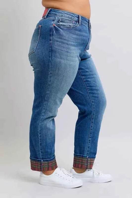 Judy Blue Plus Size Mr Plaid Print Cuff Boyfriend Jeans.