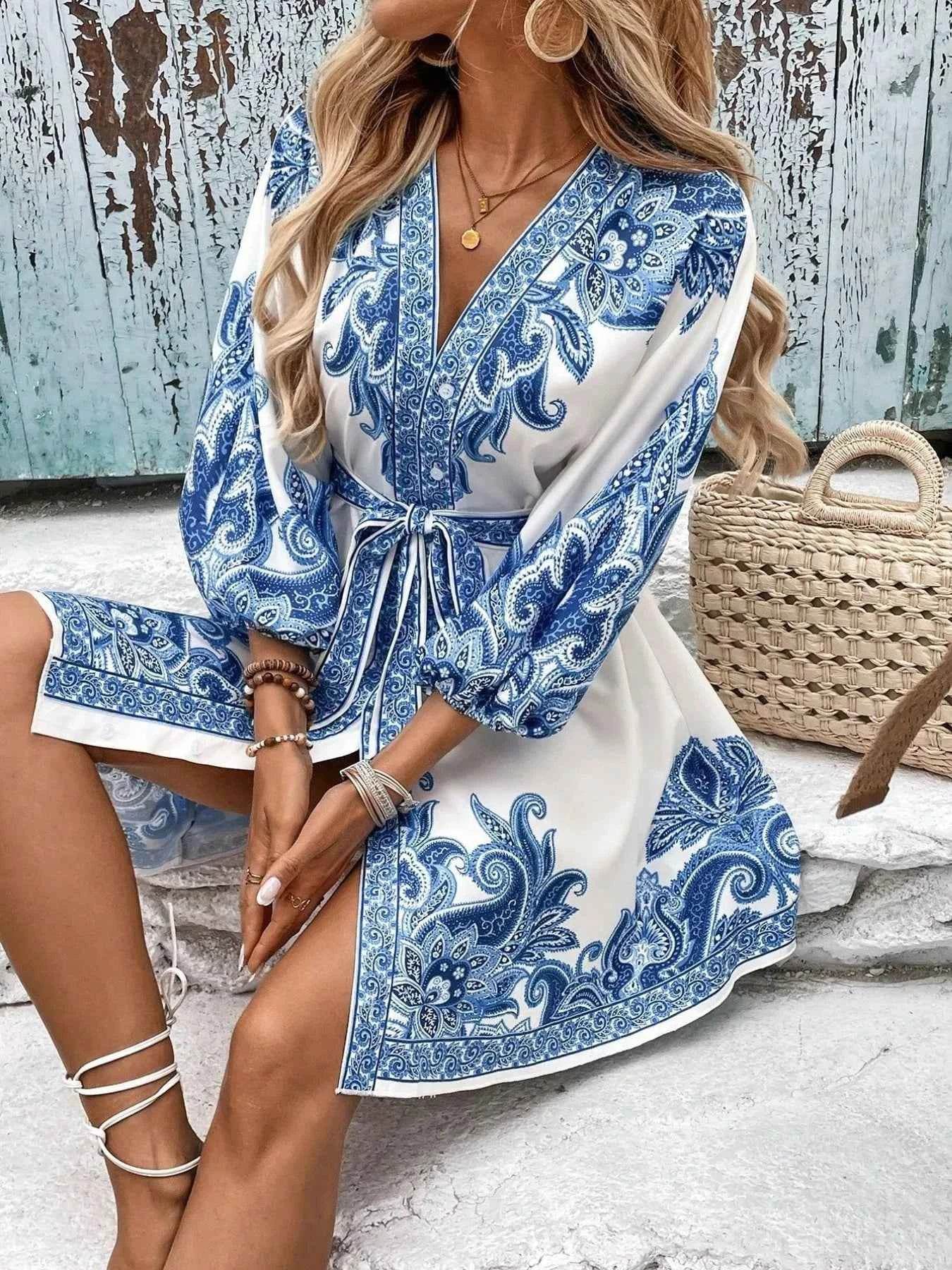 Printed V-Neck Balloon Sleeve Mini Dress.