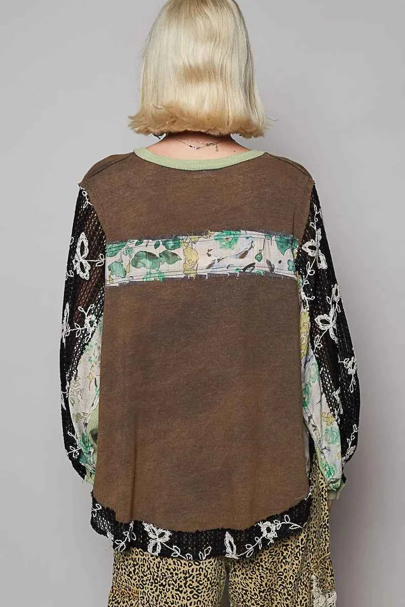 Floral Patchwork Crochet Sleeve Oversized Blouse.