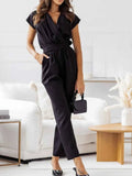 Surplice Cap Sleeve Tie Waist Jumpsuit.
