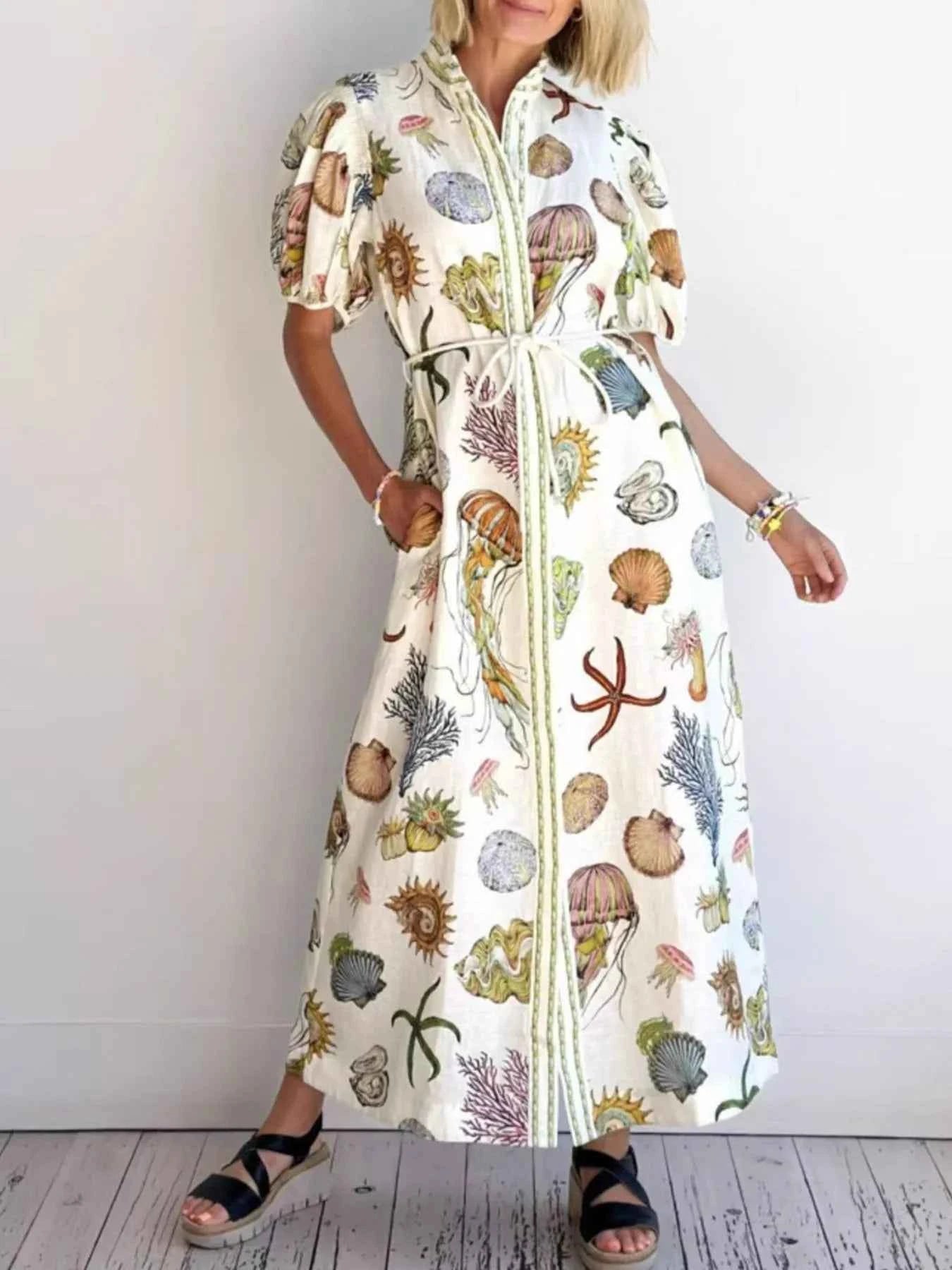 Printed Short Sleeve Shirt Dress.