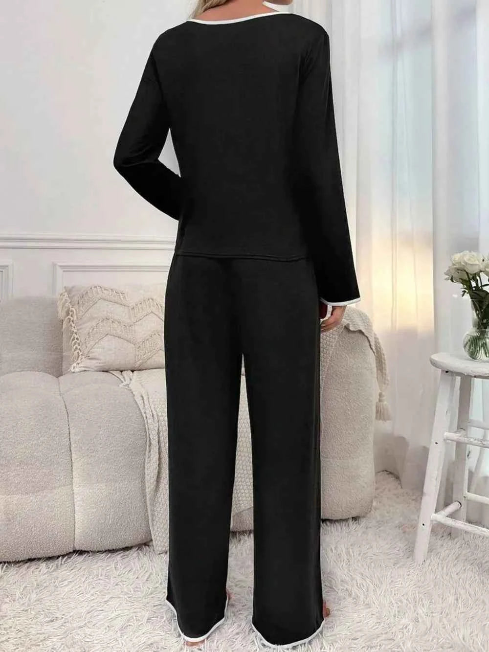 Contrast Trim Notched Long Sleeve Top & Pants Lounge Set.