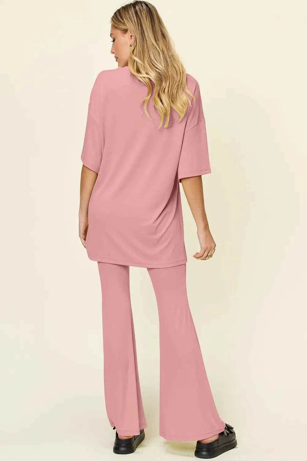 Double Take T-Shirt and Pants Set: Full Size Round Neck Drop Shoulder Style with Flare Pants - EBYNN