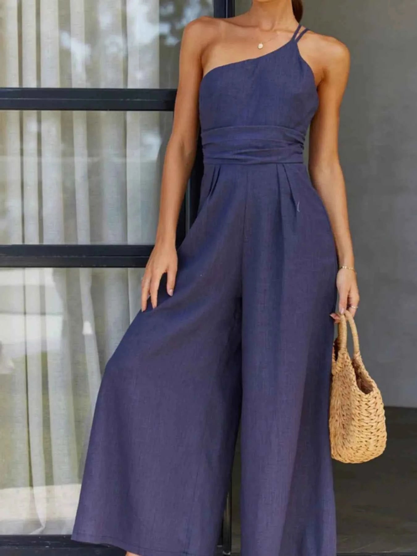 Single Shoulder Wide Leg Jumpsuit.