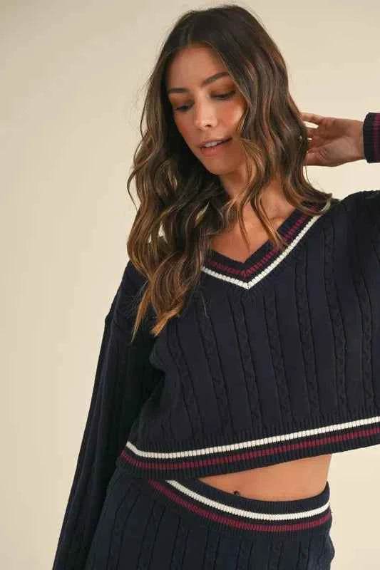 MABLE Cable-Knit Top and Pleated Skirt Sweater Set - EBYNN
