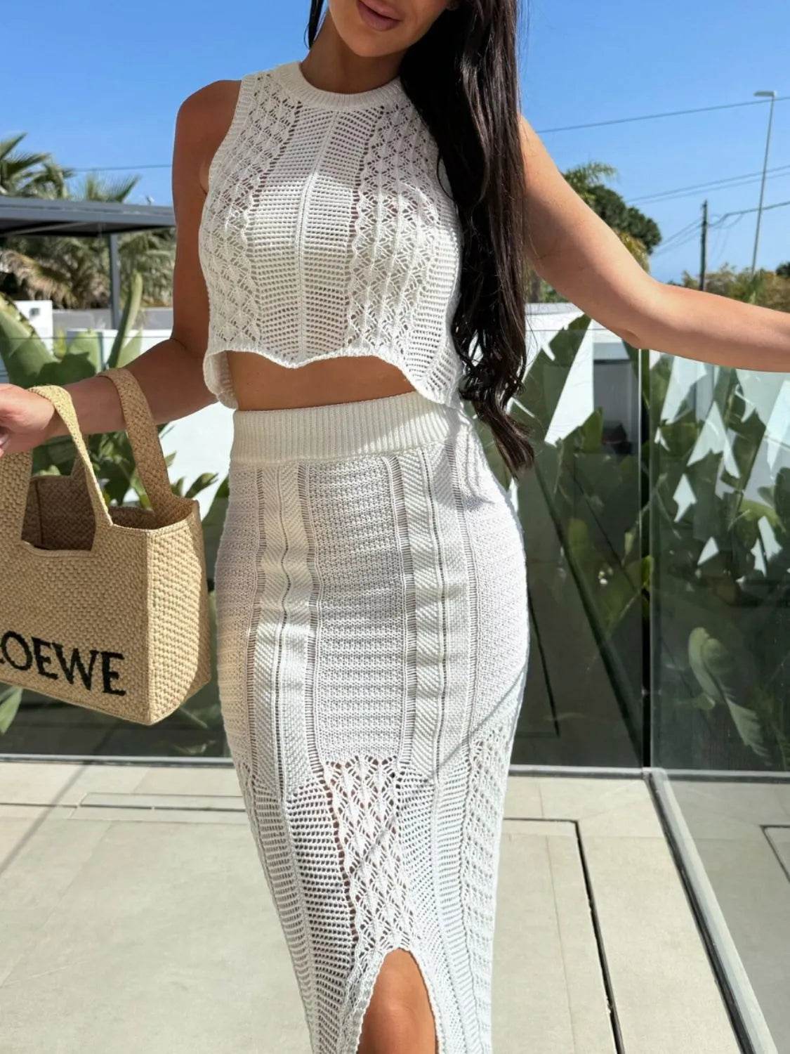 Openwork Round Neck Top & Slit Skirt Sweater Set - EBYNN