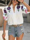 Floral Print Notched Puff Sleeve Blouse.