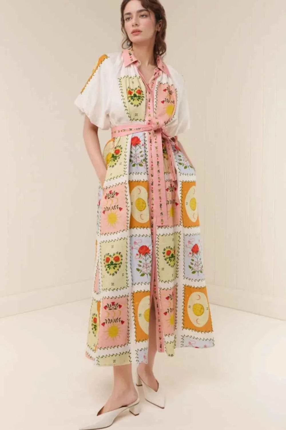 Printed Short Sleeve Belted Maxi Dress.