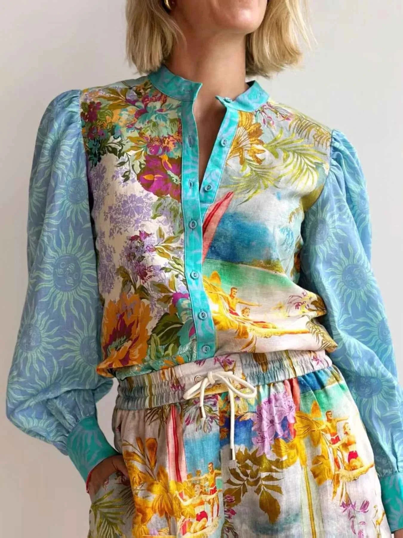 Printed Button Up Shirt and Shorts Set.