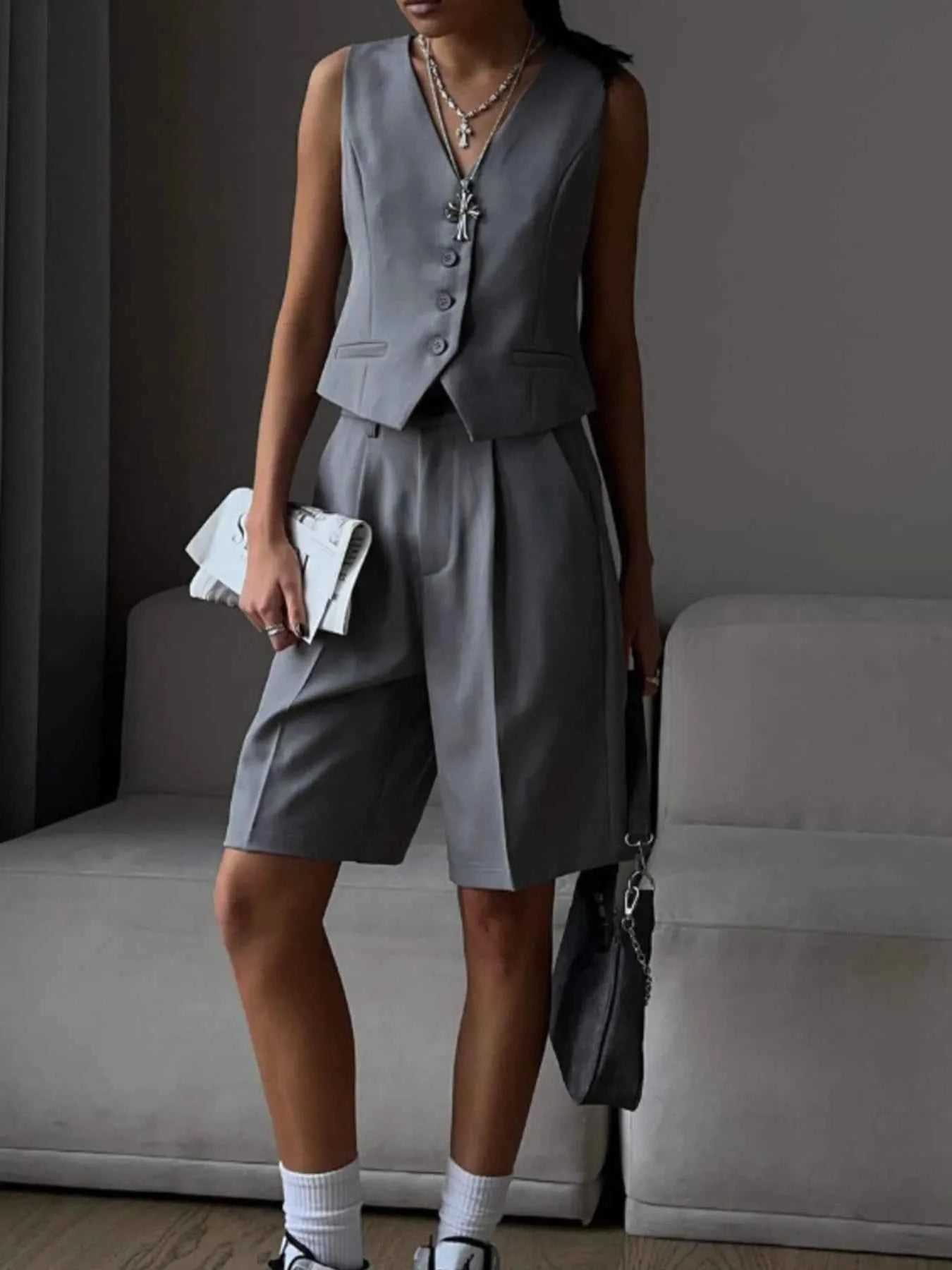 V-Neck Vest and Pants Two-Piece Blazer Set.