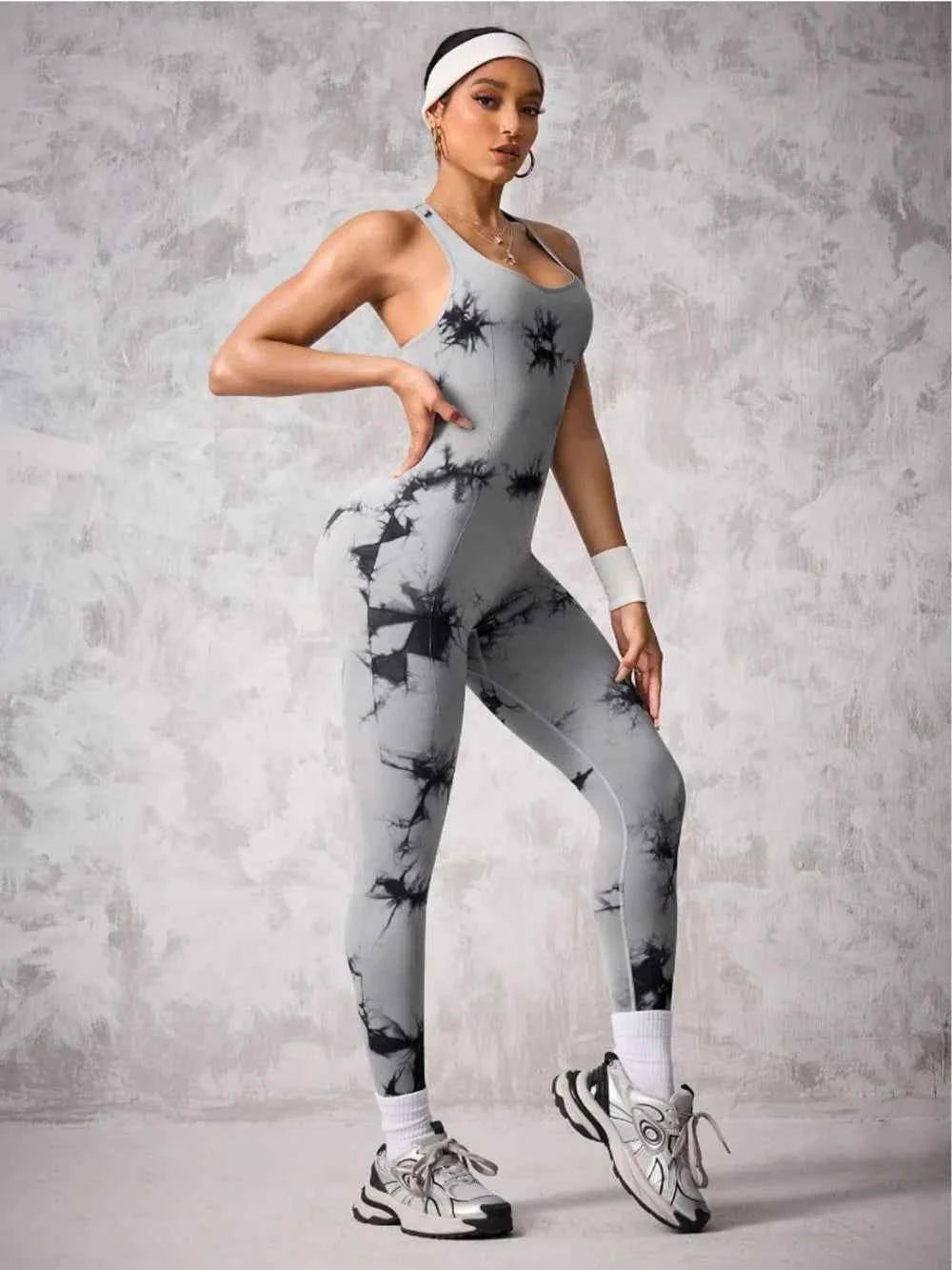 Back Crisscross Tie-Dye Scoop Neck Active Jumpsuit.