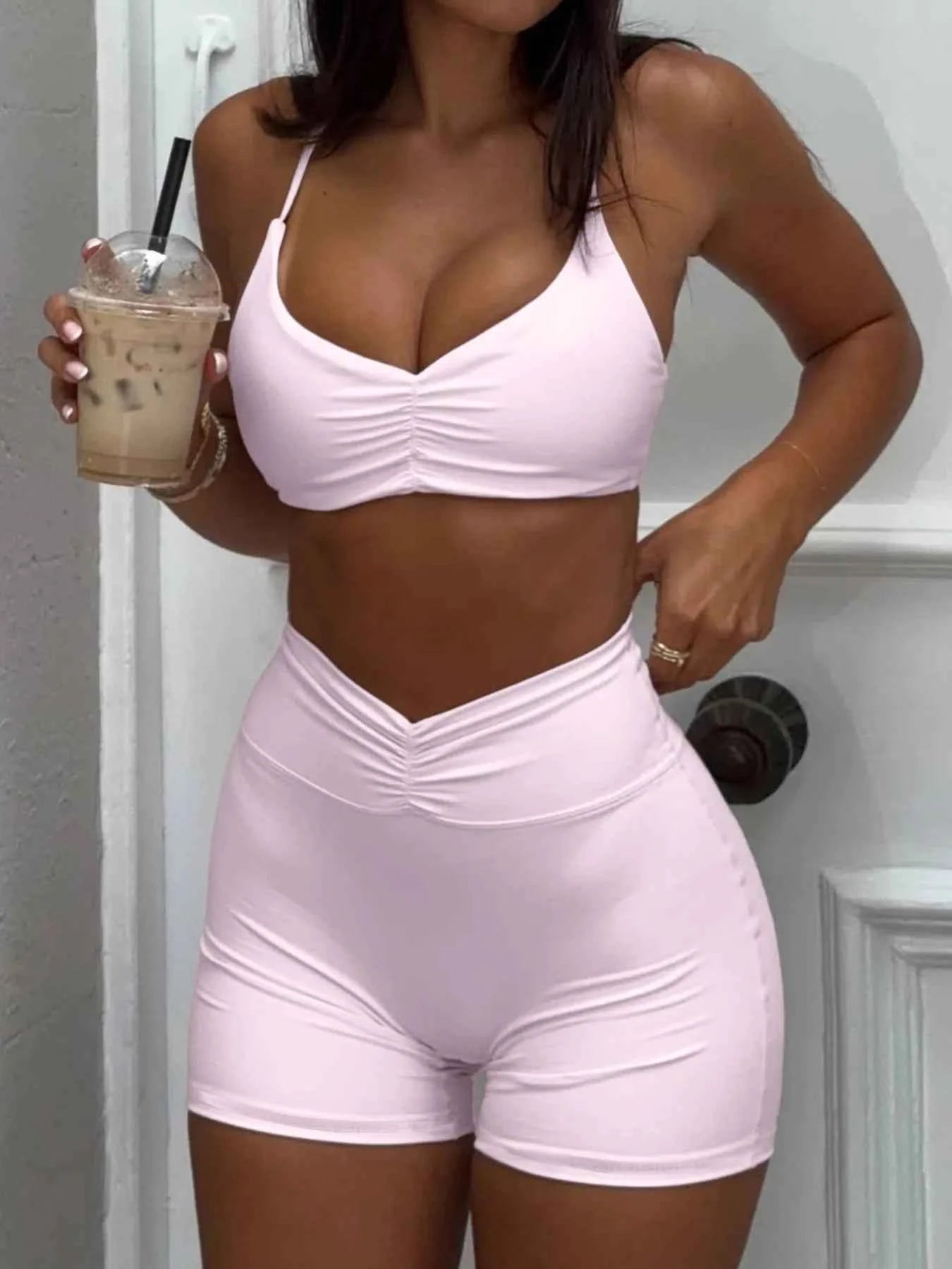 Ruched Sports Bra and High-Waisted Shorts Active Set.